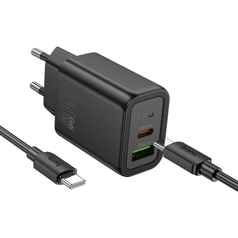 Sieťová nabíjačka HOCO N61 USB-A/USB-C 20W 3A QC 3.0 s káblom Type C čierna