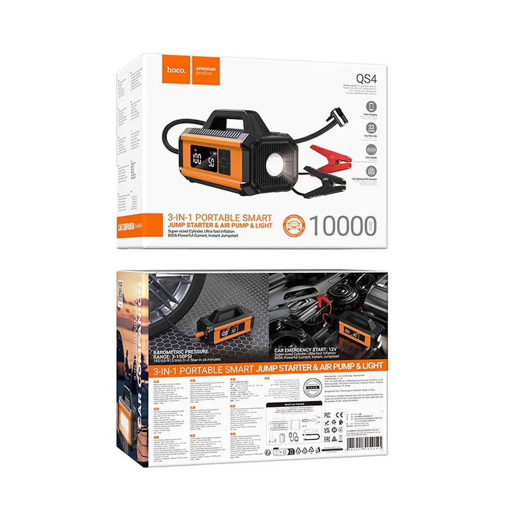 HOCO QS4 Car Tool Power Starter 10 000 mAh štartér s kompresorom do auta oranžovo-čierny – Obrázok 8