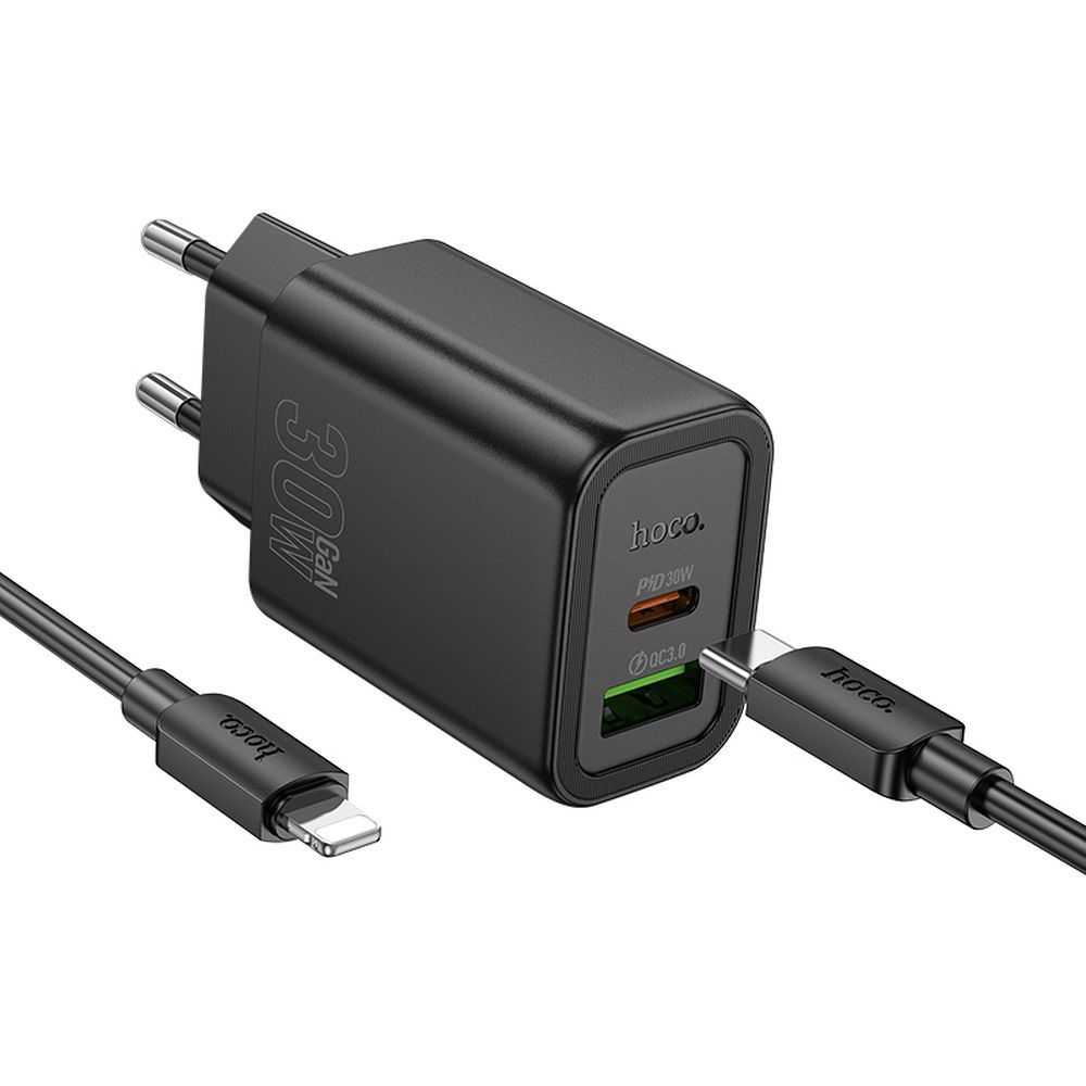 Sieťová nabíjačka HOCO N63 USB-A/USB-C 30W 3A QC 3.0 s káblom Lightning čierna – Obrázok 2