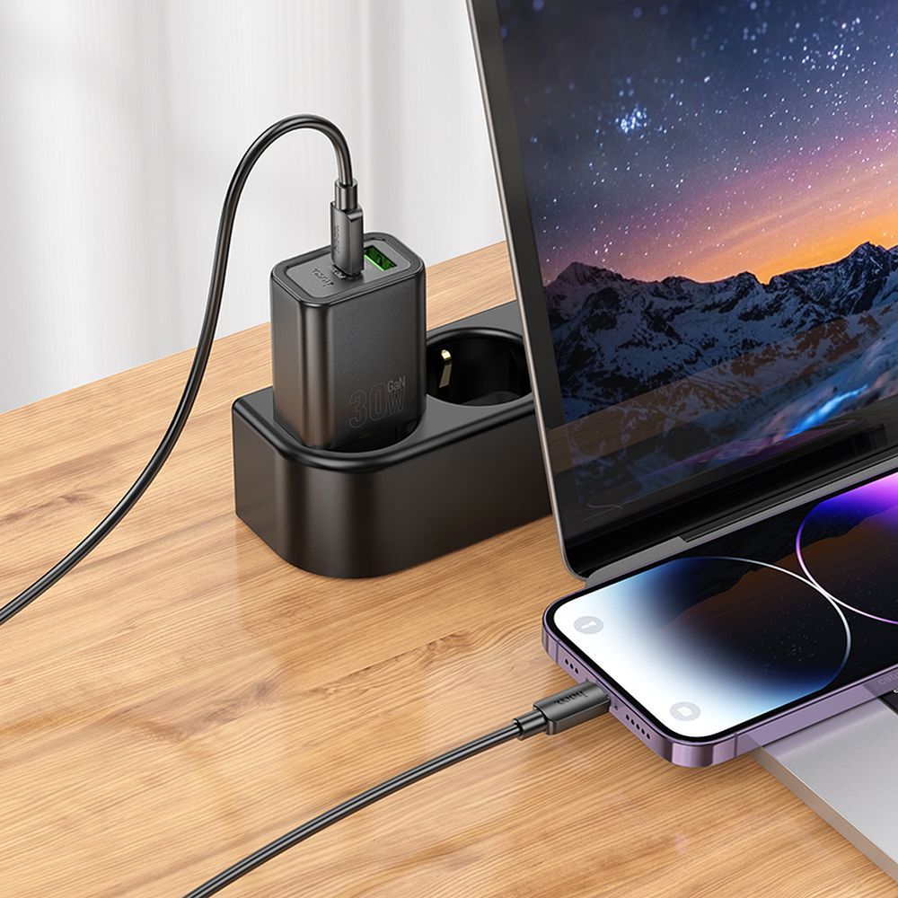 Sieťová nabíjačka HOCO N63 USB-A/USB-C 30W 3A QC 3.0 s káblom Lightning čierna – Obrázok 3