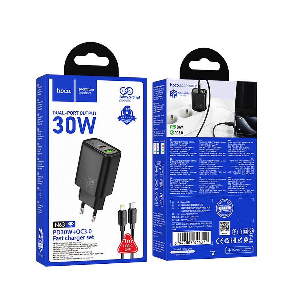 Sieťová nabíjačka HOCO N63 USB-A/USB-C 30W 3A QC 3.0 s káblom Lightning čierna – Obrázok 4