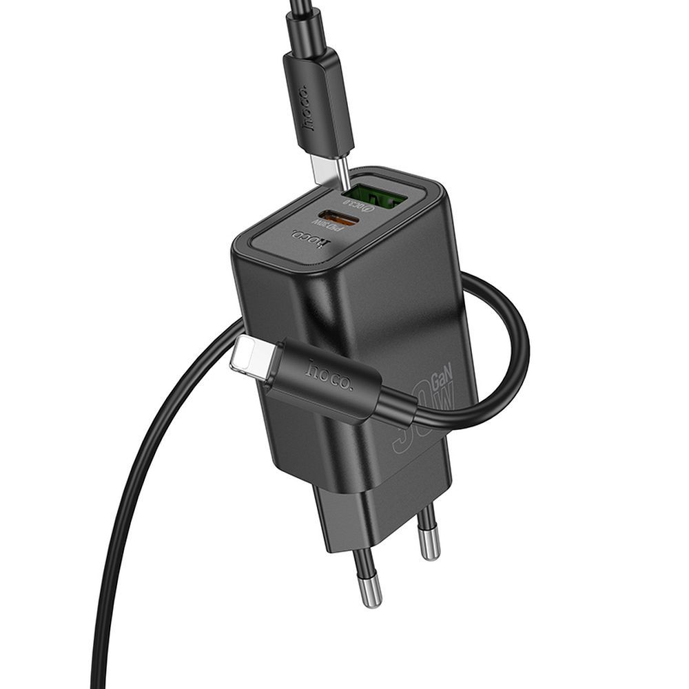 Sieťová nabíjačka HOCO N63 USB-A/USB-C 30W 3A QC 3.0 s káblom Lightning čierna