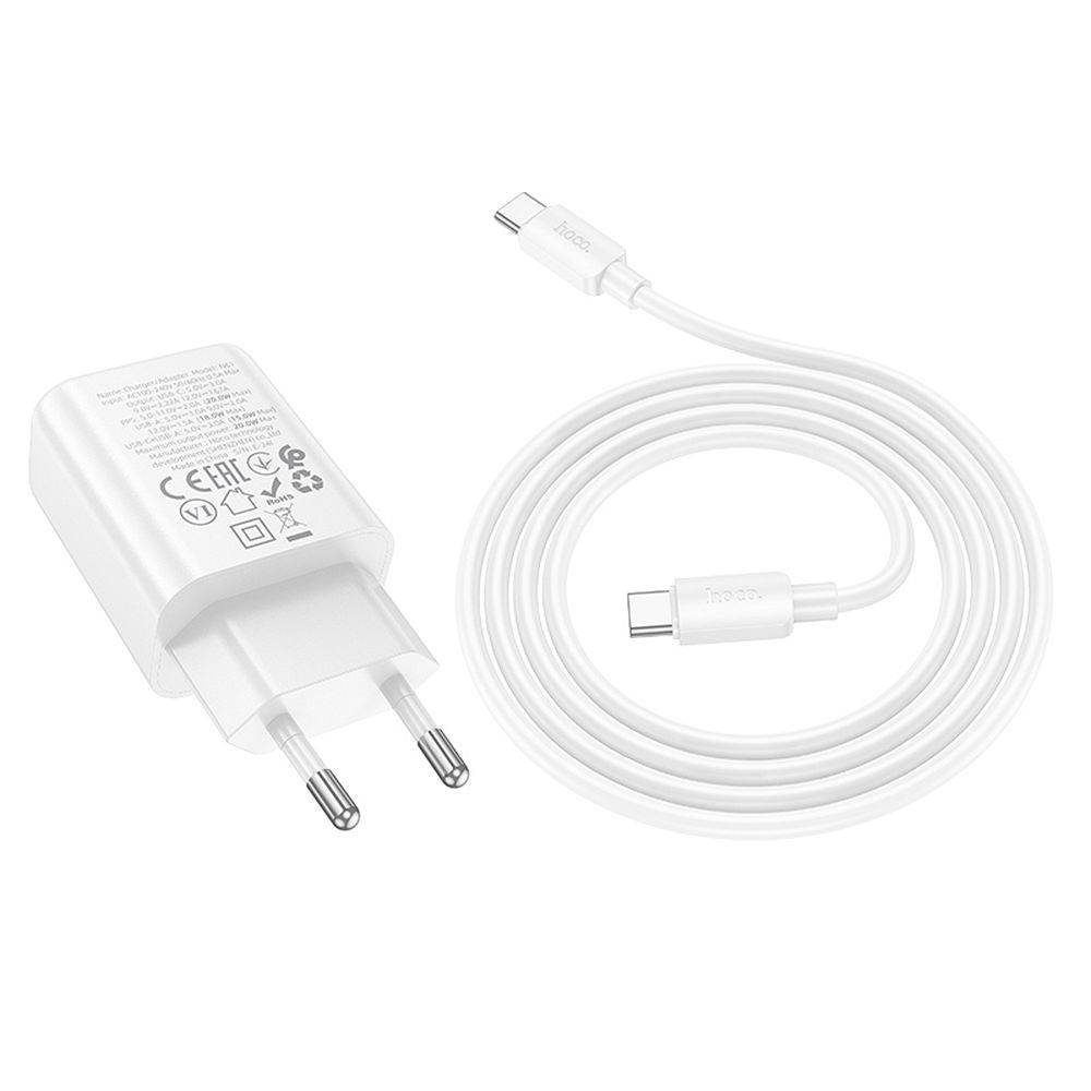 Sieťová nabíjačka HOCO N61 USB-A/USB-C 20W 3A QC 3.0 s káblom Type C biela – Obrázok 2